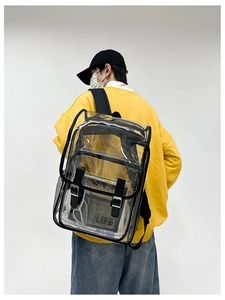 Detail view of transparent PVC backpack with black trim and dual buckle closure design