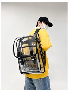 Detailed back view of a transparent PVC backpack with black straps on a yellow hoodie