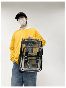 Detailed view of a transparent PVC backpack with black trim and buckled front pocket