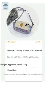 Detailed size comparison of a purple iridescent PU leather bag next to a smartphone