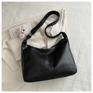 Classic black textured PU leather Hobo shoulder bag for women with wide strap