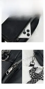 Détails du sac bandoulière noir en cuir grainé avec sangle tissée et zips métalliques