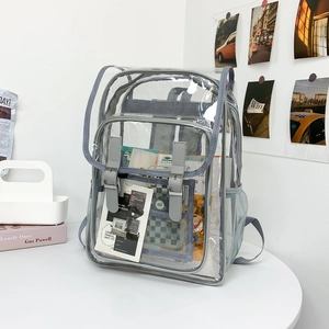 Minimalist clear PVC backpack with grey trim and front pocket for school or travel