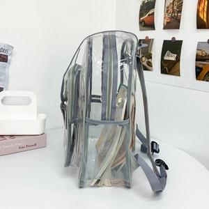 Clear PVC backpack with grey trim and side mesh pockets for school or travel
