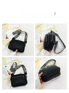 Détails en quatre vues d'un sac bandoulière noir en cuir grainé avec sangle géométrique