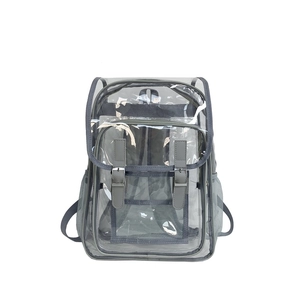 Fashionable transparent PVC backpack with grey fabric trim and double front straps