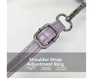 Detail of light purple PU leather strap with silver metal adjustment buckle and lobster clasp
