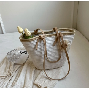 Women Fashion Woven Tote Bag Large Capacity Shoulder Bag Daisy Decoration Summer Vacation Beach Handbag Casual Travel Lady