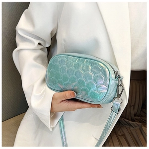 Detail of iridescent fish-scale textured PU leather crossbody bag with silver hardware