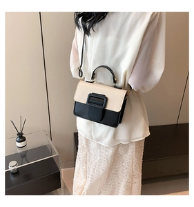 Close-up of contrast color crossbody bag featuring beige flap and black body with buckle