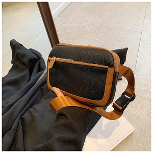 Women Urban Minimalist PU Leather Crossbody Bag Fashion Litchi Pattern Contrast Color Shoulder Bag Adjustable Wide Strap