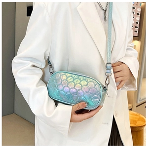 Detail of laser blue crossbody bag with fish scale quilting and silver zipper