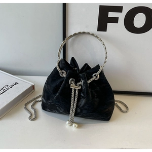Women Pleated Flannel Bucket Bag Elegant Drawstring Shoulder Bag With Metal Ring Handle Chain Artificial Pearl Decor Crossbody Bag