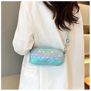 Detail of laser iridescent PU leather crossbody bag with textured fish scale pattern