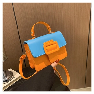 Fashion Women PU Leather Color Block Shoulder Bag With Square Buckle Trendy Crossbody Square Bag For Daily Shopping