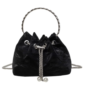 Fashionable black velvet drawstring bucket bag with rhinestone metal handle and pearl charms