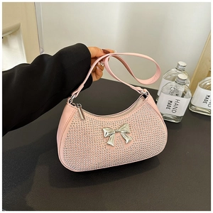 Women Fashion Trendy Rhinestone Bow PU Leather Shoulder Bag Elegant Half Moon Underarm Hobo Bag For Party Daily