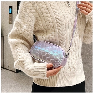 Iridescent purple PU crossbody bag with fish scale quilting and silver zipper detail