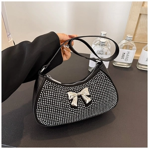 Elegant black PU shoulder bag with silver rhinestones and a large decorative bow