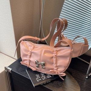 Trendy Bowknot Ruched PU Leather Shoulder Bag For Women 2024 New Chic Metallic Bow Crossbody Bag Fashion All-match Underarm Purse Gift