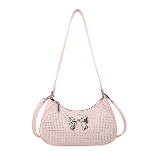 Pink crescent PU leather crossbody bag with sparkling rhinestones and silver metal bow
