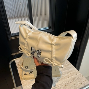 Chic cream white pleated PU shoulder bag with balletcore bows and silver hardware