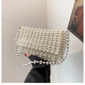 Fashionable woven white pearl handbag for women with beaded chain strap for spring