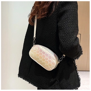 Detail of crossbody bag with iridescent fish-scale texture and silver metal hardware
