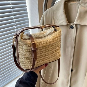 Borsa a Spalla in Paglia Intrecciata Urbana Semplice per Donna Colore a Contrasto Patchwork Pelle Sintetica Borsa a Tracolla