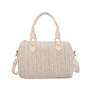 Sac Boston à main tissé beige à la mode avec lanières en cuir et détails dorés