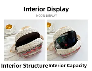 Detail view of woven bohemian crossbody bag interior capacity and storage compartments