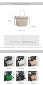 Detailed chart showing PU shoulder bag dimensions 28x20x9cm and six color options