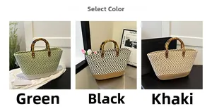 Handwoven straw tote bag options with natural bamboo handles in green, black, and khaki