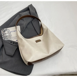 Fashionable PU leather tote bag in cream white and brown contrast stitching design
