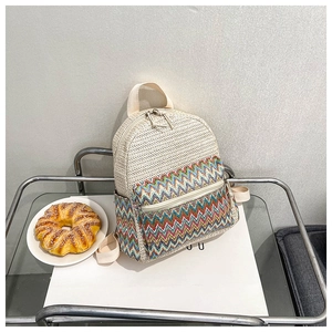 Women Woven Straw Backpack Colorful Wavy Pattern Beach Vacation Shoulder Bag Casual Ethnic Style Travel Backpack