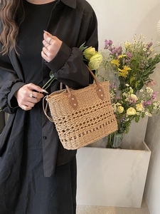 Detail of woven straw tote bag featuring natural fibers and brown leather handles