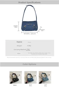 Vue détaillée du sac en jean avec bords effilochés vintage et patchs en métal coeur étoile