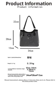 Detailed dimensions of black rhinestone tote bag showing 34x28x13cm size specifications