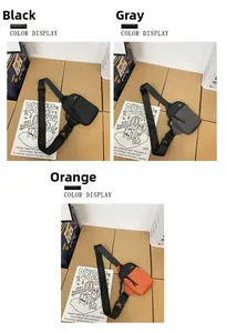 Three-color display of waterproof oxford cloth crossbody bags in black, grey, and orange
