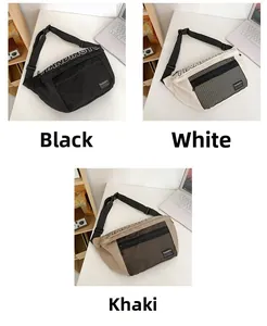 Détail des sacs de ceinture en nylon mesh en noir, blanc et kaki avec sangles imprimées