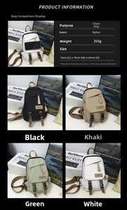 Detailed view showing nylon chest bag dimensions 18x10x29cm with color options