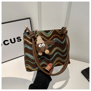 Vintage Wavy Embroidery Knit Shoulder Bag For Women Fashion Crossbody Handbag With Plush Charm Brown Versatile Tote