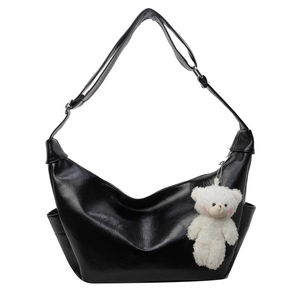 Elegante borsa a tracolla in pelle PU nera da donna con ciondolo a forma di orsetto