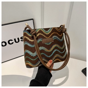 Coffee brown knitted crossbody bag with colorful wave embroidery and rope shoulder strap