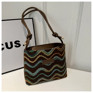 Fashionable brown crossbody bag with colorful wave embroidery and knot strap