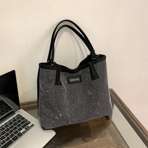 Sparkly black rhinestone tote bag with fashion tag and durable shoulder straps for women