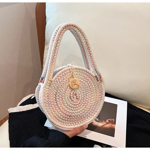 Women Round Woven Cotton Linen Shoulder Bag Bohemian Style Crossbody Handbag With Wood Button For Summer Vacation Travel