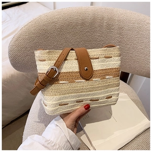 Minimalistische Gestreifte Gewebte Stroh Schultertasche Für Damen Mode Umhängetasche Urlaub Strand Tasche Mit PU Lederband