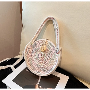 Bohemian cream woven handbag with colorful wave embroidery and wooden palm button detail