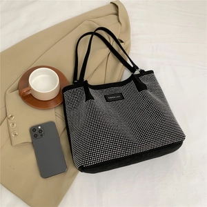 Fashion Black Rhinestone Tote Bag For Women Large Capacity Sparkly Shoulder Bag Bling Handbag For Daily Work Travel